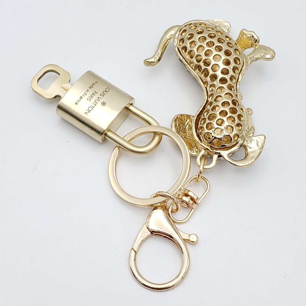 Authentic Louis Vuitton Gold Padlock & Key w/Unbranded Rhinestone Dog Keychain - Picture 4 of 9